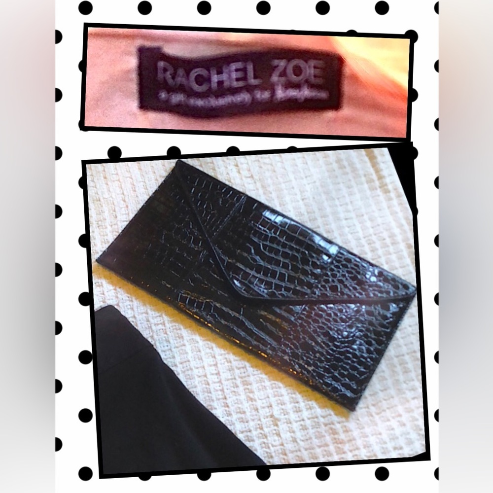Rachel Zoe black shiny envelope clutch faux crocodile Neiman Marcus exclusive